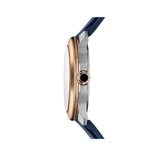Octo Roma automatic watch with interchangeable blue rubber strap, satin-polished stainless steel case and bracelet, 18 kt rose gold bezel and blue Clous de Paris dial. Mechanical automatic in-house movement. Water-resistant up to 100 metres. 103926 image 8
