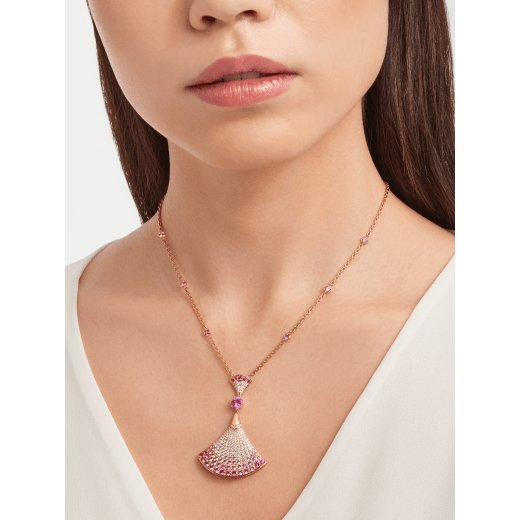 DIVAS' DREAM 18 kt rose gold pendant necklace set with one central and other round pink sapphires (3.53 ct), round rubies (0.81 ct) as well as round (0.16 ct) and pavé (0.85 ct) diamonds. 358114 image 1