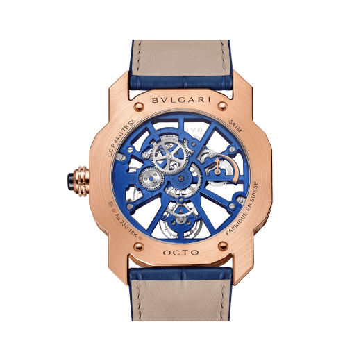 Octo Roma Tourbillon Sapphire watch with mechanical manufacture skeletonised movement with manual winding and flying tourbillon, 44 mm 18 kt rose gold case, sapphire middle case, blue calibre decorated with 18 kt rose gold indexes on the bridges and blue alligator strap. Water-resistant up to 50 metres. 103699 image 6
