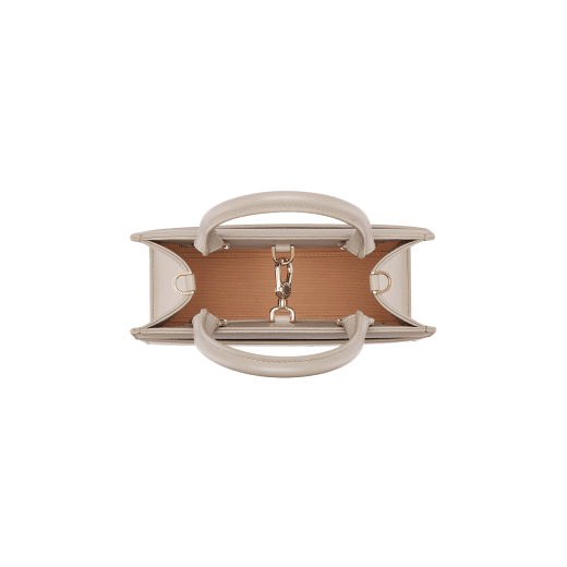 Bulgari Logo small tote bag in foggy opal grey smooth and grained calf leather with linen agate beige grosgrain lining. Iconic Bulgari logo decorative chain in light gold-plated brass, with hook fastening. BVL-1202SCLL image 4