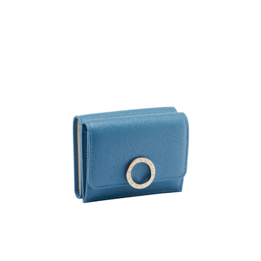 "BVLGARI BVLGARI" compact wallet in Blush Quartz bright pink grain calf leather and soft Ivory Opal white nappa leather. Iconic logo closure clip in light gold-plated brass on the flap and a press stud closure on the body. 579-MINICOMPACTc image 1