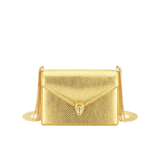 "Serpenti Forever" multichain shoulder bag in "Molten" light gold karung skin with black nappa leather inner lining, offering a touch of radiance for the Winter Holidays. New Serpenti head closure in light gold-plated brass, complete with ruby-red enamel eyes. 1107-MK image 1