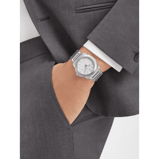 Octo Roma Automatic watch with mechanical manufacture movement, automatic winding, satin-brushed and polished stainless steel case and interchangeable bracelet, white Clous de Paris dial. Water resistant up to 100 meters 103738 image 1