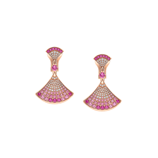 Divas' Dream 18 kt rose gold earrings set with round brilliant-cut pink sapphires and rubies, and pavé diamonds 361109 image 1