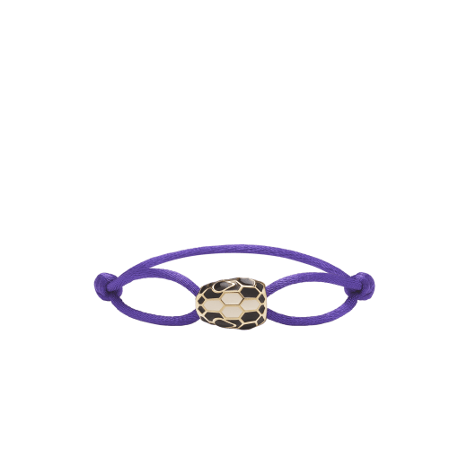 "Serpenti Forever" bracelet in Rose Gold pink fabric with a light gold-plated brass iconic snakehead embellishment enamelled in black and white agate, with seductive black enamel eyes. SERP-STRINGg image 1