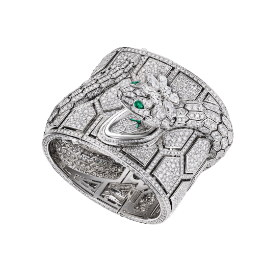 Serpenti Misteriosi Romani watch with 18 kt white gold handcuff fully set with snow-pavé diamonds, 18 kt white gold body of a snake set with round brilliant-cut diamonds, head set with a flower in pear shaped and marquise shaped diamonds and two pear shaped emerald eyes, and dial fully set with round brilliant-cut diamonds 103076 image 1