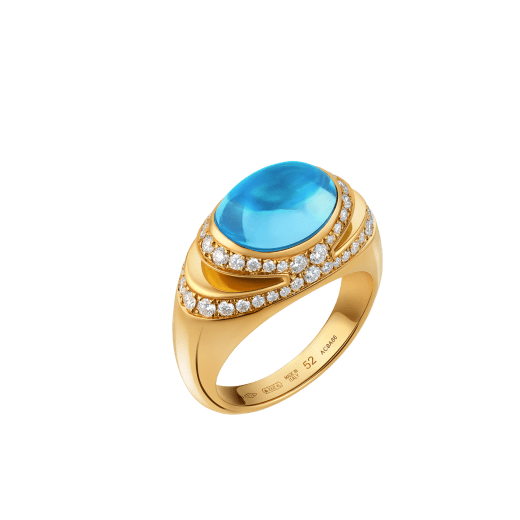 Anello Bvlgari Cabochon in oro giallo 18 kt con topazio azzurro taglio cabochon e semi-pavé di diamanti. AN860455 image 2