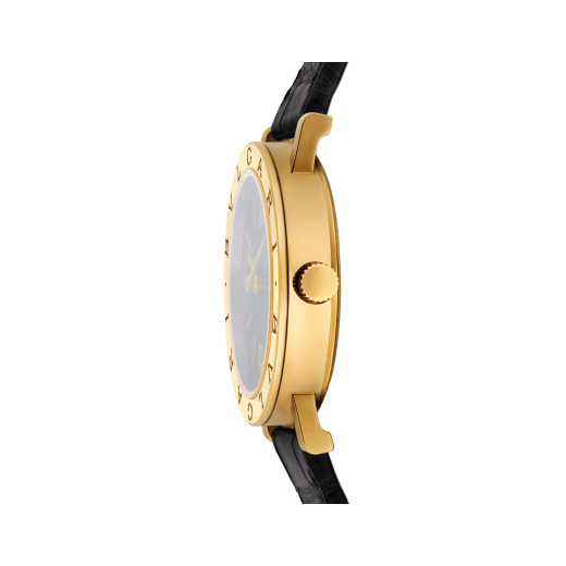 Bvlgari Bvlgari watch with mechanical automatic in-house movement, 18 kt yellow gold case and bezel engraved with double logo, black opaline dial and black alligator bracelet. Water-resistant up to 50 metres 103967 image 3