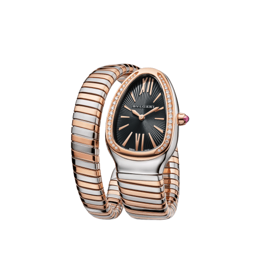 Serpenti Tubogas Lady watch with, 35 mm stainless steel curved case, 18 kt rose gold bezel set with diamonds, 18 kt rose gold crown set with a cabochon cut pink rubellite, black opaline dial with guilloché soleil treatment and hand-applied indexes, single spiral 18 kt rose gold and stainless steel bracelet. Quartz movement, hours and minutes functions. Water proof 30 m. SP35BSPGD-1T-RGW image 3