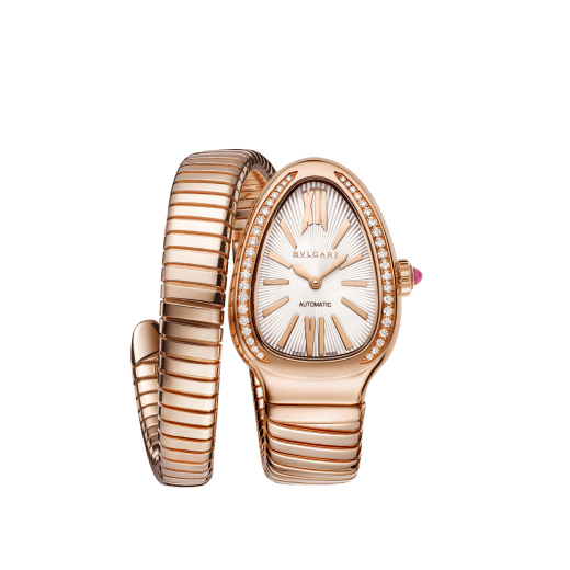 Orologio automatico Serpenti Tubogas in oro rosa 18 kt con lunetta con diamanti, quadrante opalino bianco con finiture soleil e bracciale a spirale. Impermeabile fino a 30 metri. 103903 image 1