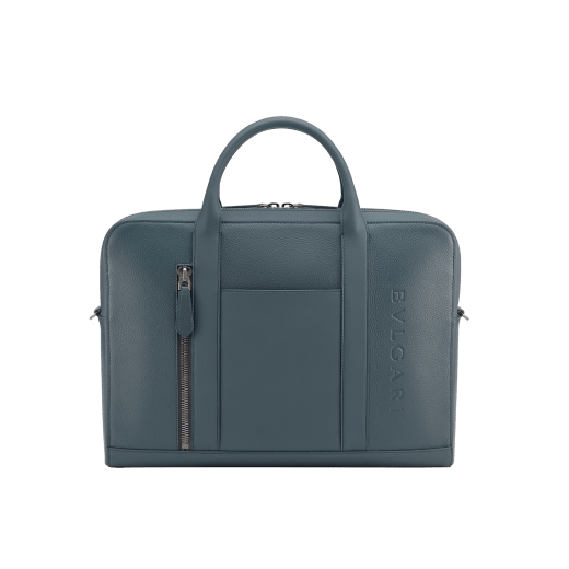 BULGARI Man medium briefcase in black smooth and grainy metal-free calf leather with Olympian sapphire blue regenerated nylon (ECONYL®) lining. Dark ruthenium-plated brass hardware, hot stamped BULGARI logo and zipped closure. BMA-1210-CL image 1