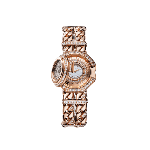 Monete Catene High Jewellery secret watch with mechanical manufacture micro-movement with manual winding, 18 kt rose gold case and chain bracelet set with diamonds, 18 kt rose gold cover set with a silver coin of emperor Caracalla, mother-of-pearl dial and diamond indexes 103870 image 4
