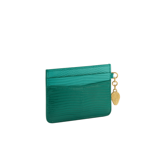 Serpenti Forever card holder in emerald green dégradé lizard skin. Captivating snakehead charm in light gold-plated brass embellished with red enamel eyes. 292601 image 3