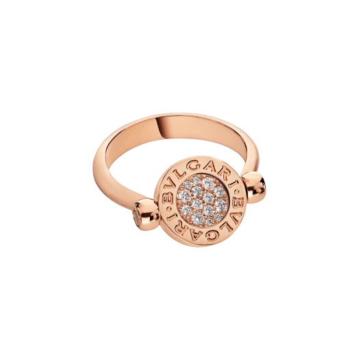 Grown from the Roman roots of the brand into an elegant fusion of culture and modernity, the BVLGARI BVLGARI ring is an effervescent, contemporary statement of classiness. The trademark double logo was initially inspired by the curved inscriptions on ancient coins, whilst today it has evolved into playful interpretations, framing multicoloured hard gemstones and pavé diamonds in one single jewel for a double wearability. <br> BVLGARI BVLGARI 18 kt rose gold flip ring with jade and pavé diamonds. AN859222 image 4