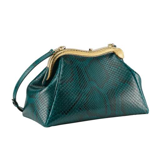 Serpentine medium pouch in teal topaz green soft and shiny python skin with violet amethyst nappa leather lining. Captivating snake body-shaped frame in gold-plated brass embellished with engraved scales and red enamel eyes on one side and teal topaz green soft shiny python skin insert on the other, with press button closure. 292583 image 2