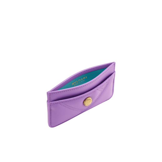 Serpenti Cabochon card holder in sheer amethyst lilac calf leather with a maxi quilted pattern and watercolour opal light blue nappa leather lining. Captivating snakehead rivet in gold-plated brass embellished with red enamel eyes. SCB-CCHOLDERa image 2