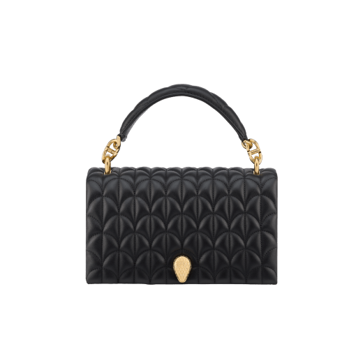 Serpenti Sugarloaf shoulder bag in black calf leather with a distinctive Calla Matelassé motif and black nappa leather lining. Captivating snakehead magnetic closure in gold-plated brass embellished with red enamel eyes. SCB-001-1295S-CALF image 1