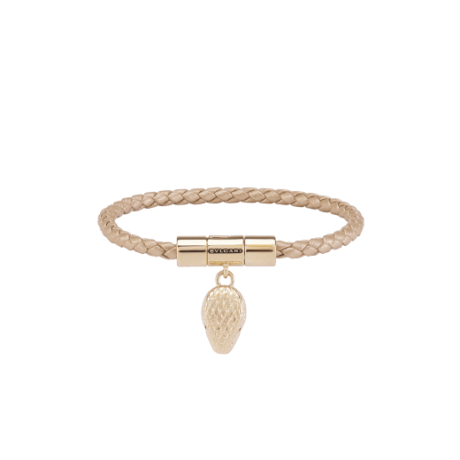 Serpenti Forever bracelet in champagne braided calf leather. Captivating light gold-plated brass snakehead charm embellished with red enamel eyes, attached to the front clasp. SERP-HERBRAID-WCL-C image 2
