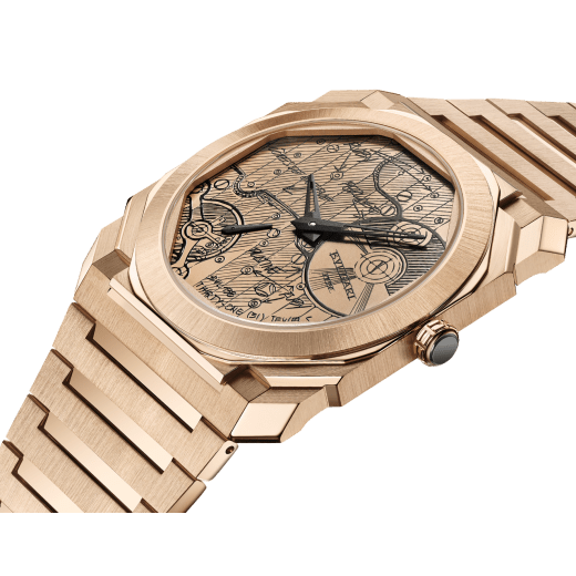 Часы Octo Finissimo Automatic, ультратонкий мануфактурный механизм с автоматическим заводом (толщина 2,23 мм), корпус диаметром 40 мм и браслет из розового золота 18 карат с сатинированными и полированными поверхностями, циферблат из розового золота 18 карат с вертикальным сатинированием, украшенный изображением в виде эскиза часового механизма. Водонепроницаемость до 100 метров. Лимитированная серия из 70 экземпляров 104165 image 2