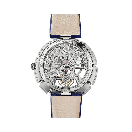 Serpenti Incantati Limited Edition watch with mechanical manufacture skeletonized movement, tourbillon and manual winding. 18 kt white gold case set with brilliant cut diamonds, transparent dial and blue alligator bracelet. 102541 image 3