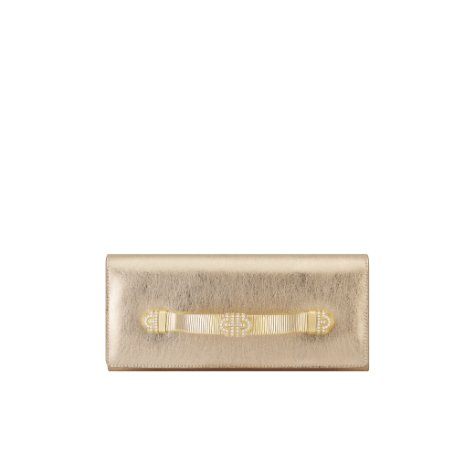 Bvlgari Tubogas Abendclutch aus goldfarbenem Striated-Kalbsleder mit Futter aus Nappaleder in Crystal Rose. Ikonischer Tubogas Henkel aus vergoldetem Messing mit Zirkonia-Steinen und Magnetverschluss. 295450 image 1