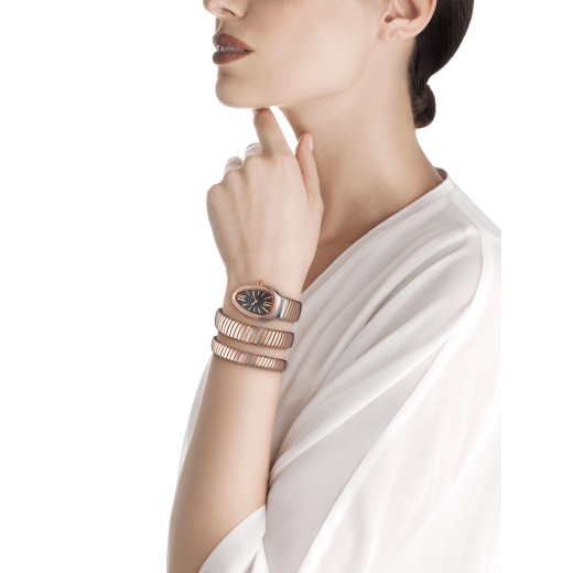 Serpenti Tubogas double spiral watch with stainless steel case, 18 kt rose gold bezel set with brilliant cut diamonds, black opaline dial, 18 kt rose gold and stainless steel bracelet. 102099 image 3