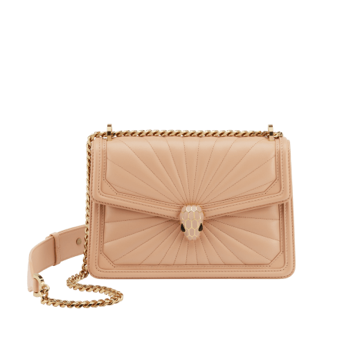 Serpenti Diamond Blast small shoulder bag in ivory opal Sunshine quilted nappa leather with black nappa leather lining. Captivating snakehead closure in light gold-plated brass embellished with matt and shiny ivory opal enamel scales and black onyx eyes. 922-SQ image 1