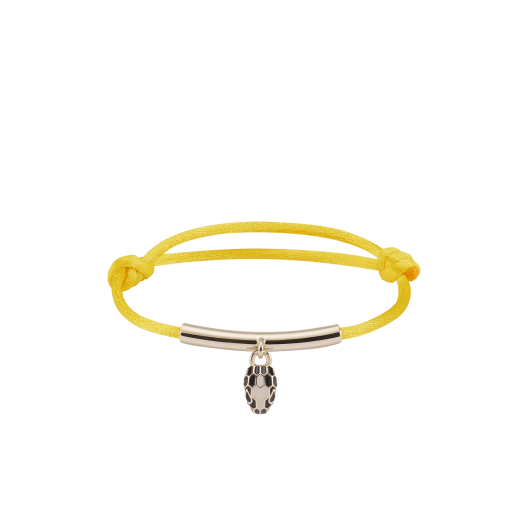 Serpenti Forever bracelet in sun citrine yellow fabric. Light gold-plated brass thread and captivating snakehead charm embellished with black and white agate enamel scales and black enamel eyes. SERP-MINISTRINGd image 1