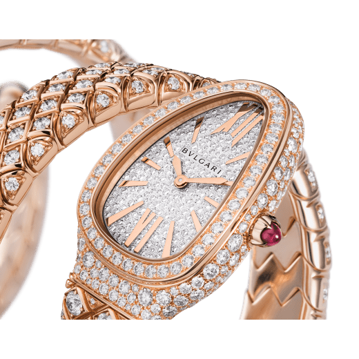 Serpenti Spiga High Jewellery watch featuring a 18 kt rose gold case, a pavé-set diamond dial, and a double spiral bracelet both set with diamonds. Water-resistant up to 30 metres 103616 image 2