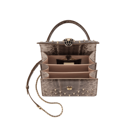 Serpenti Forever small top handle bag in foggy opal grey shiny karung Cabochon skin with crystal rose nappa leather lining. Captivating snakehead magnetic closure in light gold-plated brass embellished with black enamel and light gold-plated brass scales, and black onyx eyes. 293334 image 4