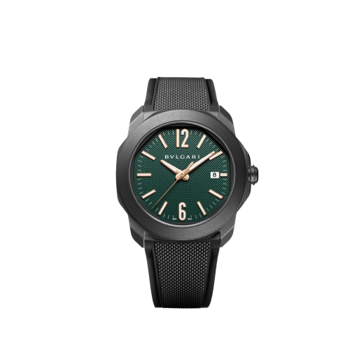 Octo Roma watch with interchangeable black rubber strap and additional green rubber strap, DLC-coated stainless steel case and green Clous de Paris dial. Mechanical manufacture movement with automatic winding. Water-resistant up to 100 metres. 103925 image 1