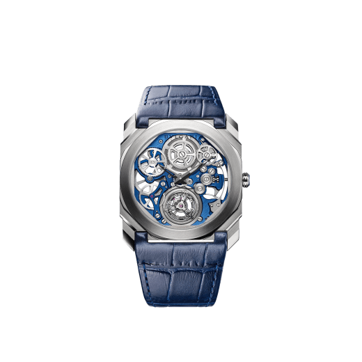 Octo Finissimo Tourbillon Skeleton watch with extra-thin mechanical movement with manual winding and flying tourbillon, 40 mm platinum case with transparent case back, platinum crown with blue ceramic insert, blue skeletonized caliber, blue alligator bracelet and platinum ardillon buckle 103188 image 1