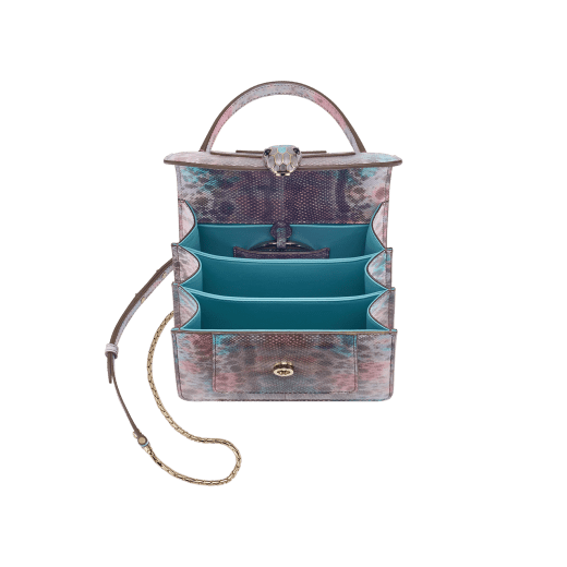 “Serpenti Forever” top-handle bag in shiny Forest Emerald green karung leather with Zircon-bay blue grosgrain inner lining. Iconic snakehead closure in light gold-plated brass embellished with black and agate-white enamel and green malachite eyes 1122-SK image 4