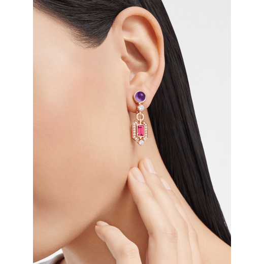 Allegra 18 kt rose gold pendant earrings set with pink tourmalines, amethysts and pavé diamonds 360651 image 2