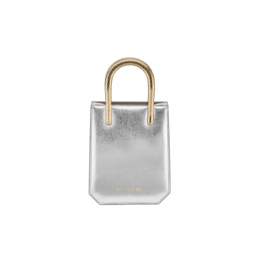 Serpentine mini tote bag in ivory opal Metropolitan calf leather with black nappa leather lining. Captivating snake body-shaped handles in gold-plated brass embellished with engraved scales and red enamel eyes. SRN-1223-CL image 3