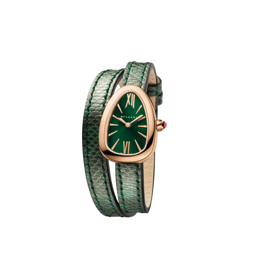 Serpenti watch with 18 kt rose gold case, green lacquered dial and interchangeable double spiral bracelet in green karung leather. 102726 image 2