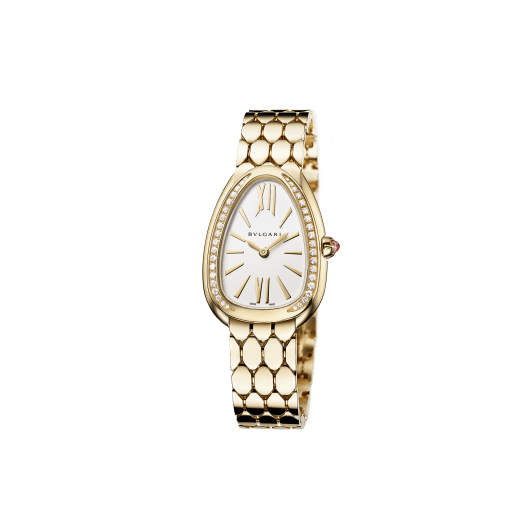 SERPENTI SEDUTTORI Lady Watch. 33 mm 18kt yellow gold case and bracelet. 18 kt yellow gold bezel set with diamonds. 18 kt yellow gold crown set with 1 cab cut pink rubellite. White silver opaline dial. Bracelet with folding clasp. Quartz movement, hours , minutes functions. Water-resistant up to 30 metres. 103147 image 2