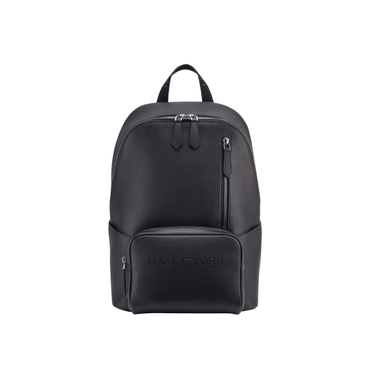 BULGARI Man large backpack in black smooth and grainy metal-free calf leather with Olympian sapphire blue regenerated nylon (ECONYL®) lining. Dark ruthenium-plated brass hardware, hot stamped BULGARI logo and zipped closure. BMA-1212-CL image 1