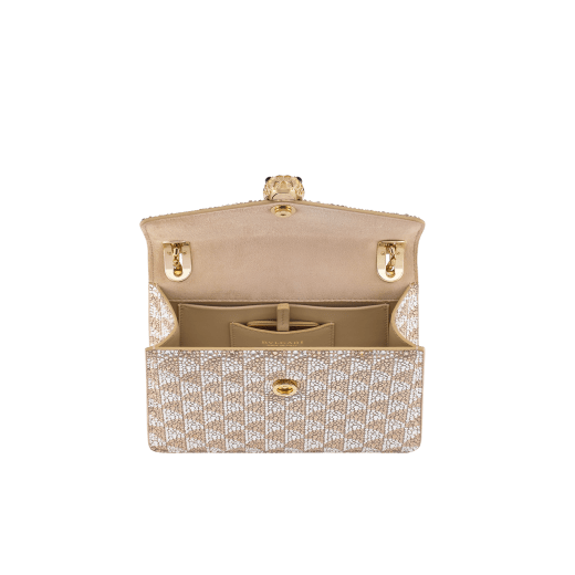 Serpenti Forever Day-to-Night small shoulder bag with a topaz and platinum Calla Crystals pattern applied on suede, and a bright Travertino nappa leather lining. Captivating snakehead magnetic closure in gold-plated brass embellished with diamond-cut engraving on the scales, and black onyx eyes. 295103 image 3