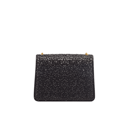 Serpenti Forever small crossbody bag in natural suede with different-size gold crystals and black nappa leather lining. Captivating magnetic snakehead closure in gold-plated brass embellished with "diamantatura" engraving on the scales, and black onyx eyes. 422-CLf image 3