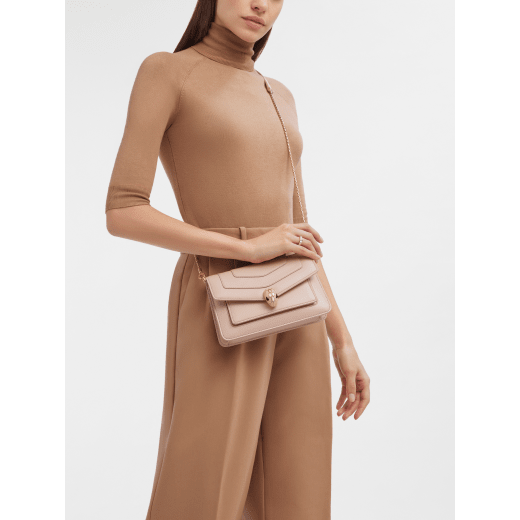 Serpenti Forever East-West small shoulder bag in star rose pink calf leather with crystal rose gros grain lining. Captivating snakehead magnetic closure in gold-plated brass embellished with crystal rose enamel and gold-plated brass scales, and black onyx eyes. 294567 image 1