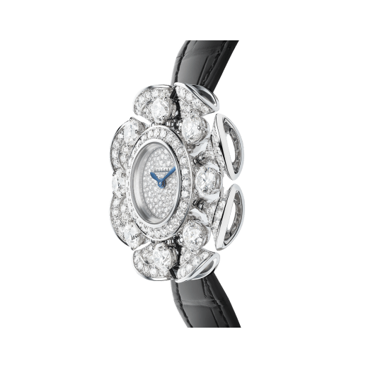 DIVAS' DREAM Divissima High Jewellery watch with 18 kt white gold case and mobile petals set with 8 large round brilliant-cut diamonds and other round brilliant-cut diamonds, pavé diamond dial and black alligator bracelet. Water-resistant up to 30 metres 103474 image 2