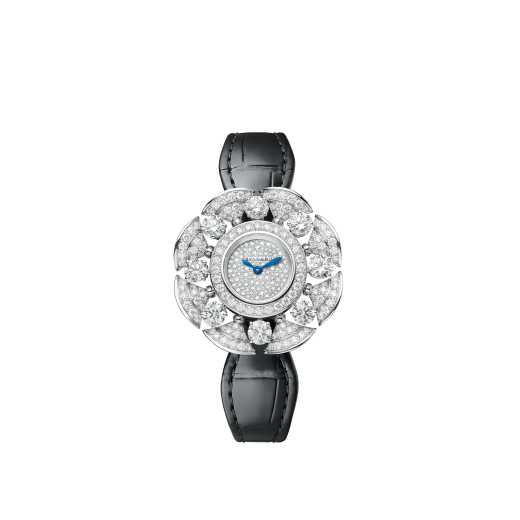 DIVAS' DREAM Divissima High Jewellery watch with 18 kt white gold case and mobile petals set with 8 large round brilliant-cut diamonds and other round brilliant-cut diamonds, pavé diamond dial and black alligator bracelet. Water-resistant up to 30 metres 103474 image 1