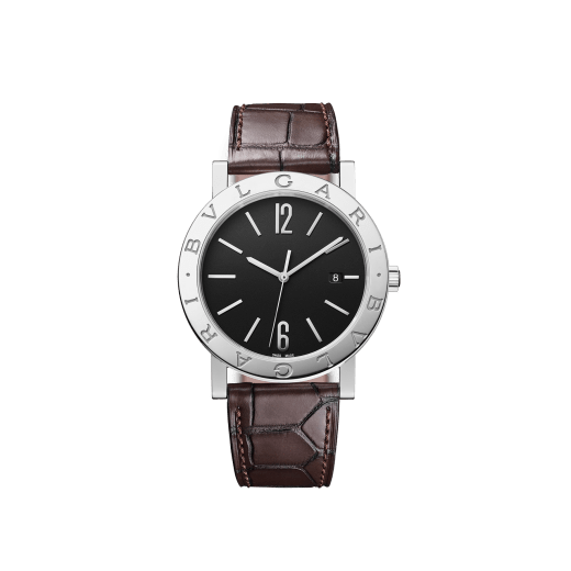 BVLGARI BVLGARI watch with mechanical manufacture movement- BVL191 with automatic winding and date, 41 mm stainless steel case, stainless steel bezel engraved with double logo, black dial and brown alligator strap ardillon buckle 102927 image 1