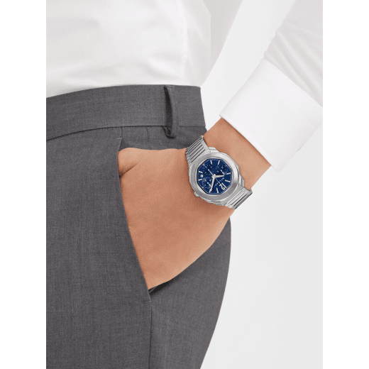 Octo Roma Chronograph watch with mechanical manufacture movement, automatic winding and chronograph functions, satin-brushed and polished stainless steel case and interchangeable bracelet, blue Clous de Paris dial. Water-resistant up to 100 metres. 103829 image 1