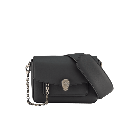 Serpenti Forever small unisex crossbody bag in matt black calf leather with black nappa leather lining and decorative chain. Captivating snakehead closure in dark ruthenium-plated brass embellished with red enamel eyes. 293022 image 5