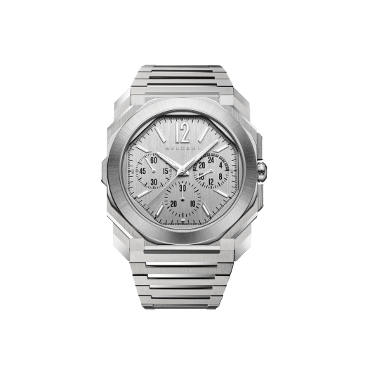 Octo Finissimo Chronograph GMT watch with mechanical manufacture ultra-thin movement (3.30 mm thick), automatic winding, 43 mm satin-polished stainless steel case and bracelet with silvered dial. Water-resistant up to 100 metres 103661 image 1