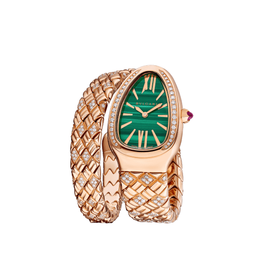 Serpenti Spiga single-spiral watch with 18 kt rose gold case set with diamonds, malachite dial and 18 kt rose gold bracelet partially set with brilliant-cut diamonds. Water-resistant up to 30 metres. Small size SERPENTI-SPIGA image 3