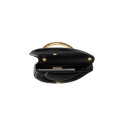 Serpenti Cuore 1968 top handle bag in star rose pink calf leather with crystal rose nappa leather lining. Captivating snake body-shaped top handle in gold-plated brass embellished with star rose pink enamel scales and zirconia eyes; press-button closure. SRN-001-1326S image 6