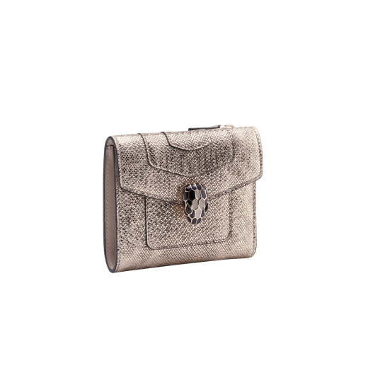 "Serpenti Forever" compact wallet in emerald green calf leather and Violet Amethyst purple calf leather. Iconic snakehead stud closure in light gold-plated brass enamelled in black and white agate, and green malachite eyes. SEA-WLT3FOLDCOMP image 1